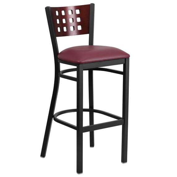 Flash Furniture HERCULES Series Black Cutout Back Metal Restaurant Barstool - Mahogany Wood Back, Burgundy Vinyl Seat