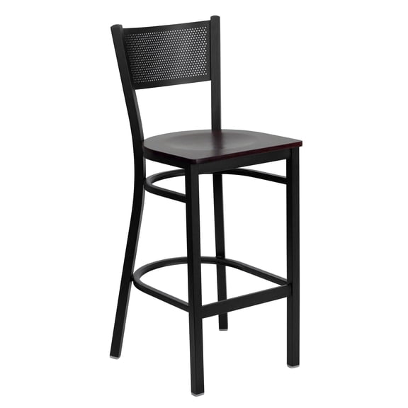 Flash Furniture HERCULES Series Black Grid Back Metal Restaurant Barstool - Mahogany Wood Seat