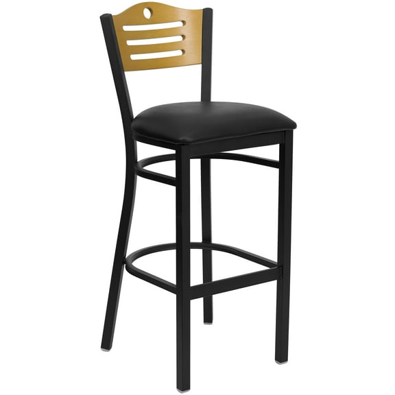 Flash Furniture HERCULES Series Black Slat Back Metal Restaurant Barstool - Natural Wood Back, Black Vinyl Seat