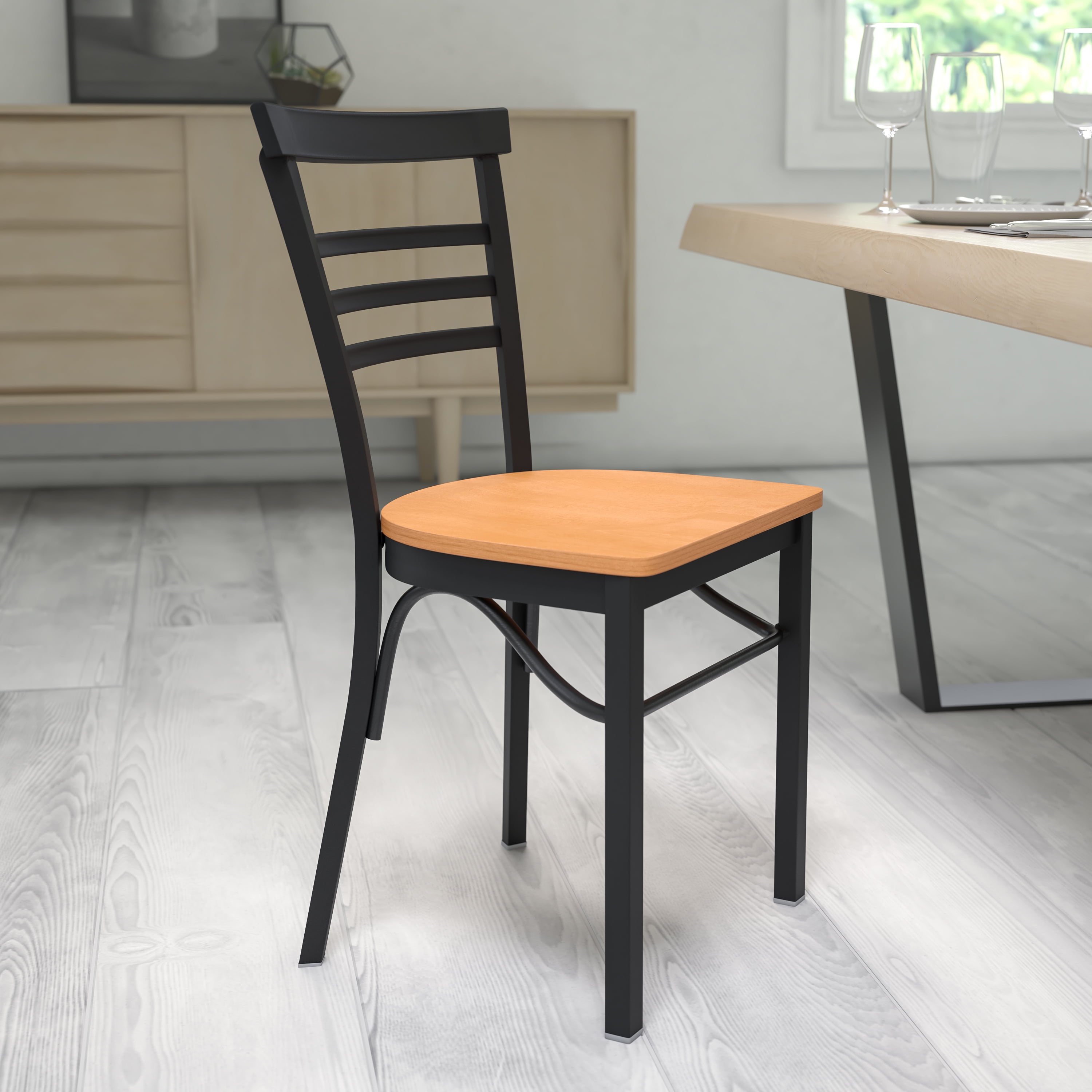 Flash Furniture HERCULES Series Black Three-Slat Ladder Back Metal Restaurant Chair - Natural Wood Seat