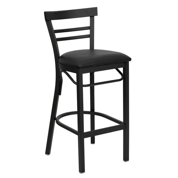 Flash Furniture HERCULES Series Black Two-Slat Ladder Back Metal Restaurant Barstool - Black Vinyl Seat