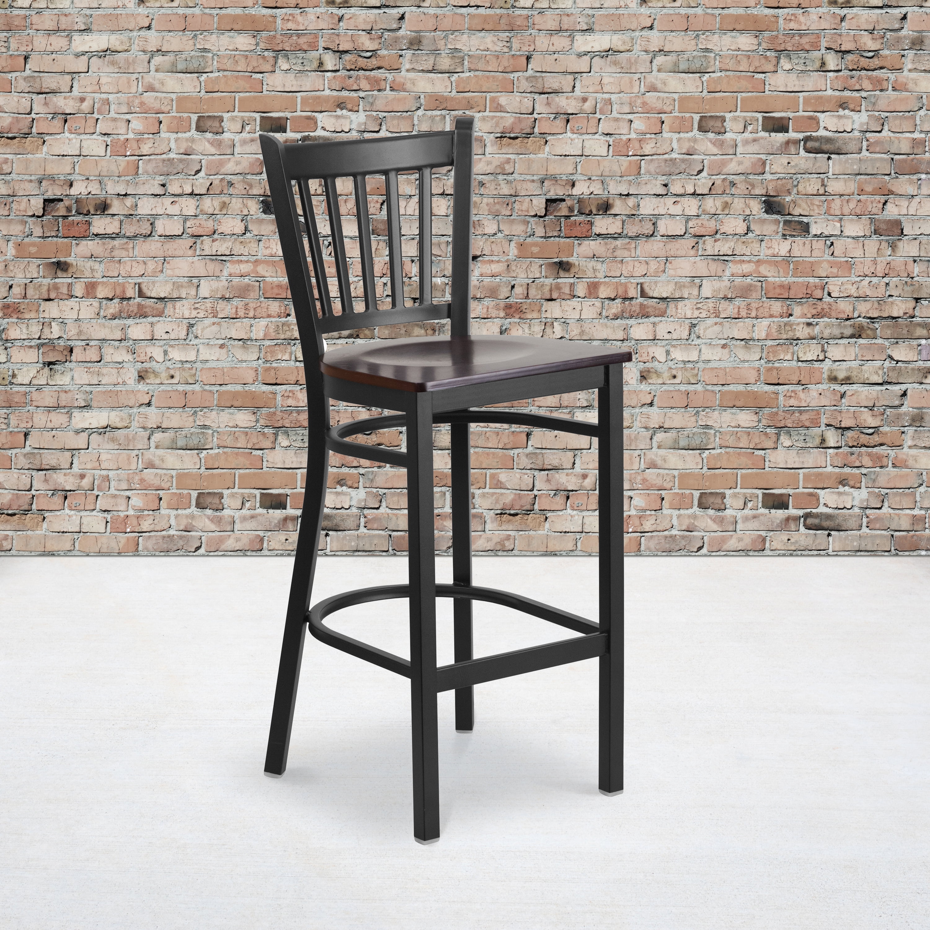 Elegant Black Metal and Walnut Wood Barstool with Vertical Back