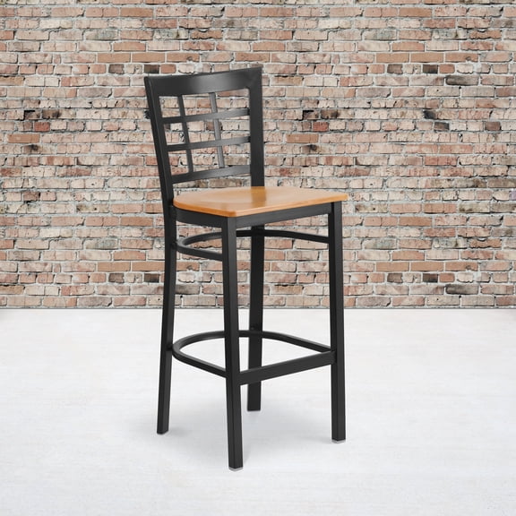 Flash Furniture HERCULES Series Black Window Back Metal Restaurant Barstool - Natural Wood Seat