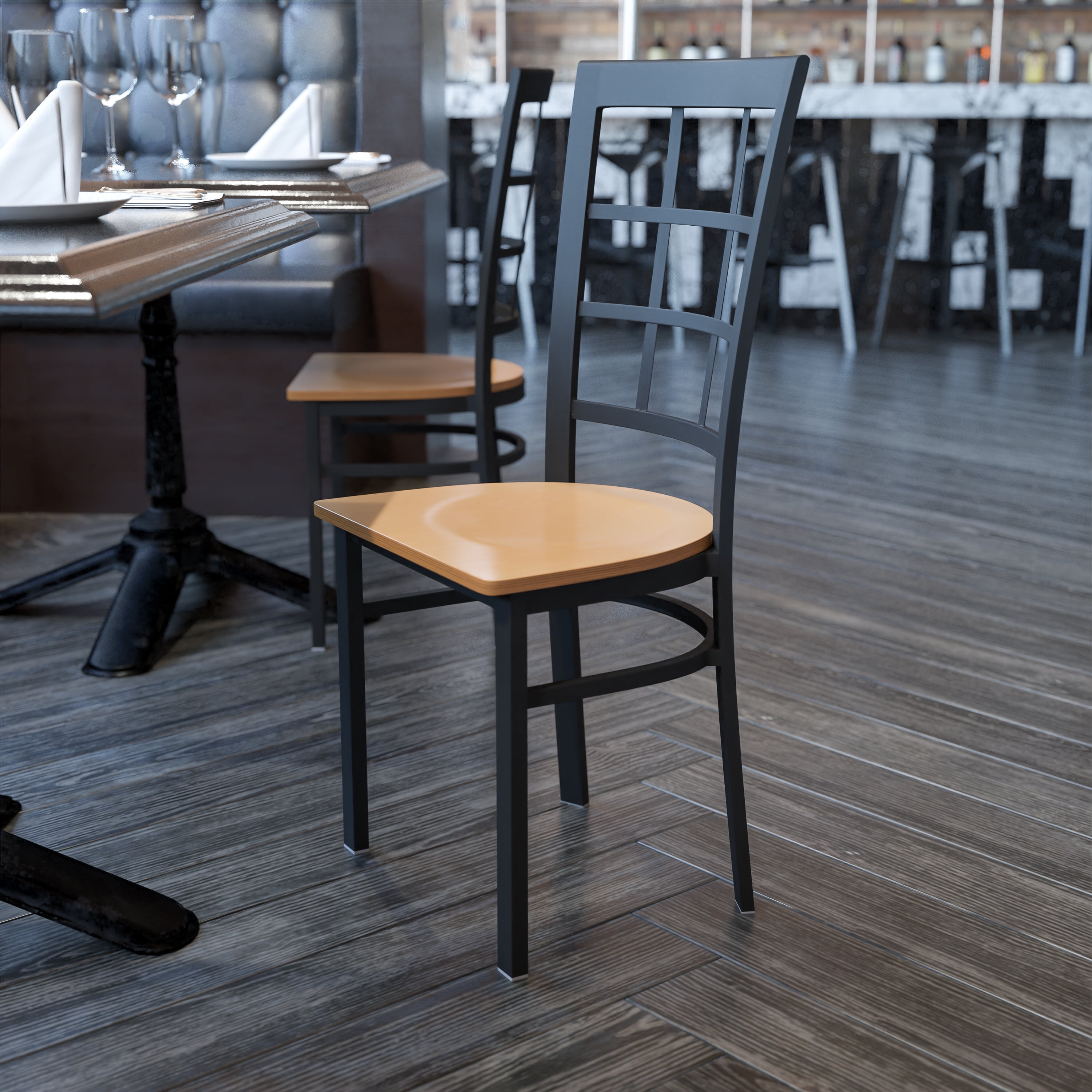 36.5'' High Black Steel Window Back Chair with Natural Wood Seat