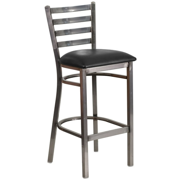Flash Furniture HERCULES Series Silver Antique Finish with Clear Coat Ladder Back Metal Restaurant Barstool - Black Vinyl Seat