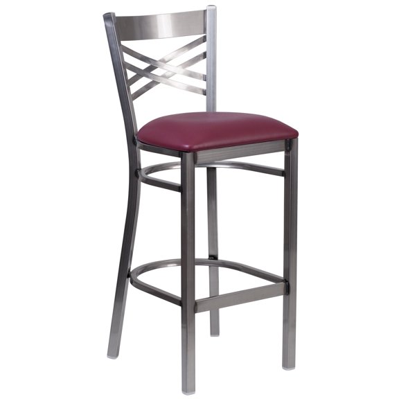 Flash Furniture HERCULES Series Silver Antique Finish with Clear Coat ''X'' Back Metal Restaurant Barstool - Burgundy Vinyl Seat