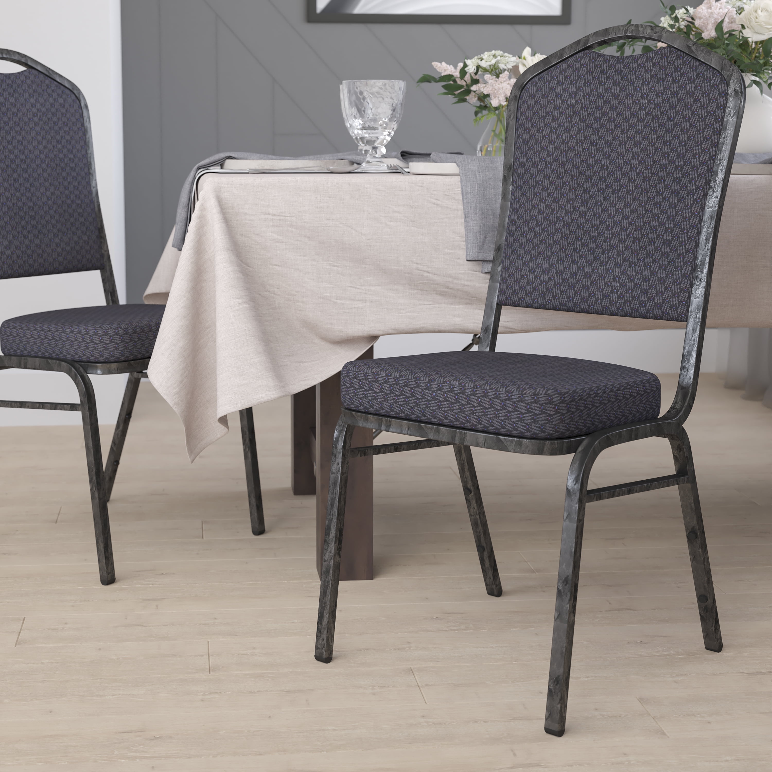Elegant Crown Back Banquet Chair in Black Fabric with Silver Vein Frame