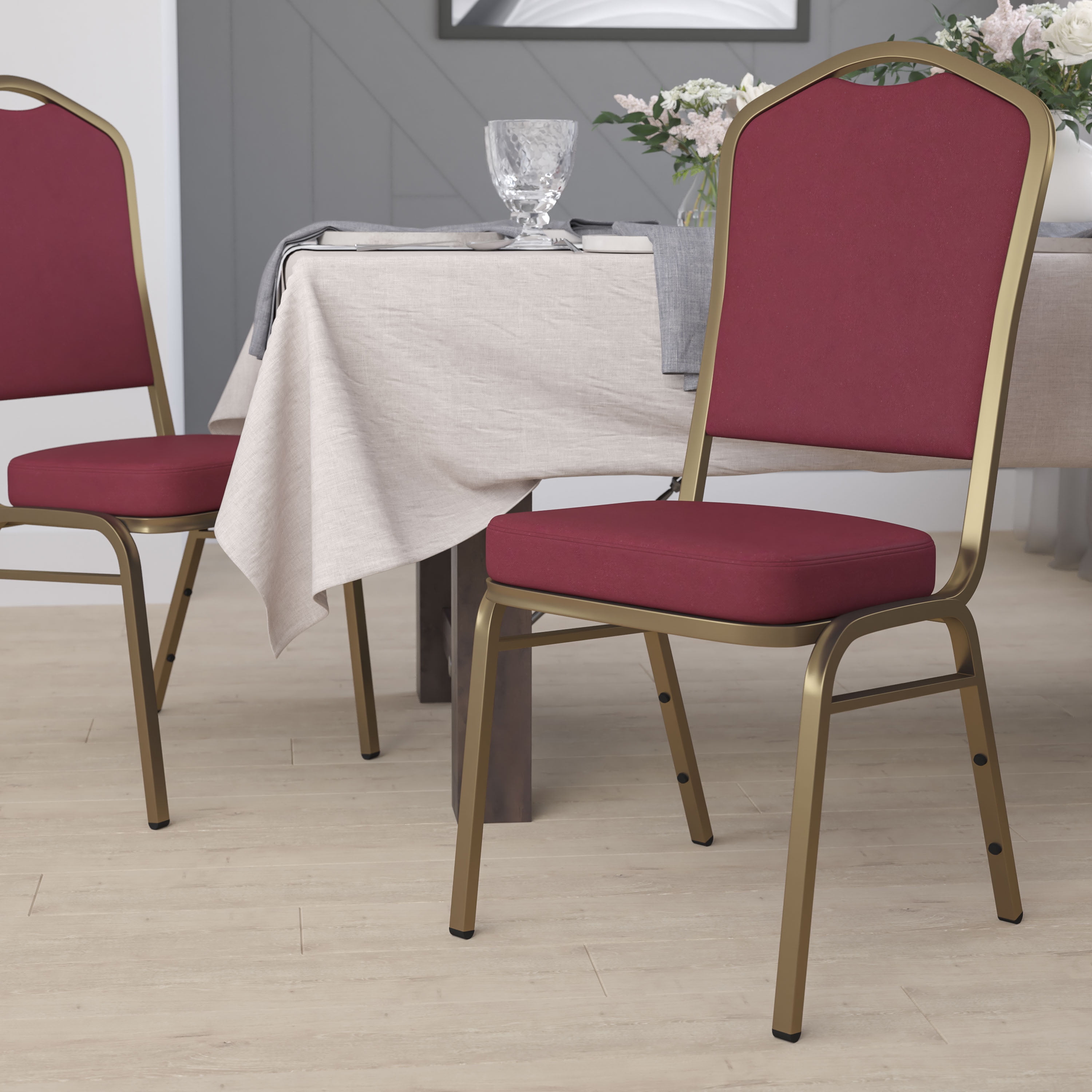 Elegant Burgundy Fabric Banquet Chair with Gold Metal Frame