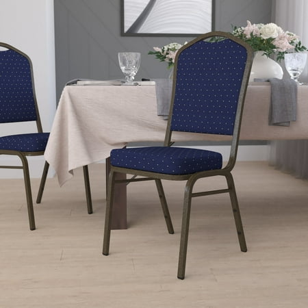 Flash Furniture HERCULES Series Crown Back Stacking Banquet Chair in Navy Blue Dot Patterned Fabric - Gold Vein Frame