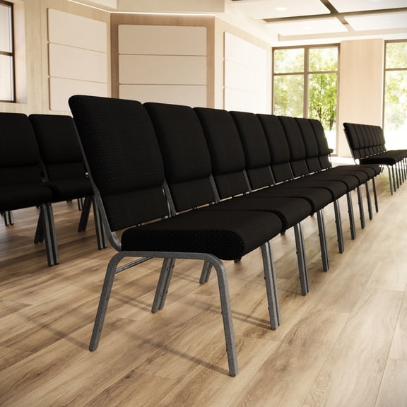 Flash Furniture 4 Pack 18.5''W Stacking Church Chair in Black Patterned Fabric - Silver Vein Frame