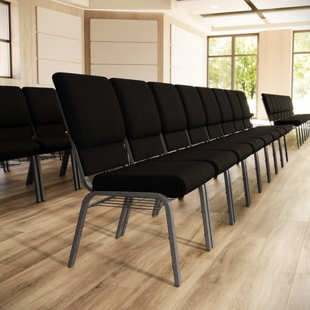 Flash Furniture 4 Pk. 18.5''W Church Chair in Black Patterned Fabric with Cup Book Rack - Silver Vein Frame