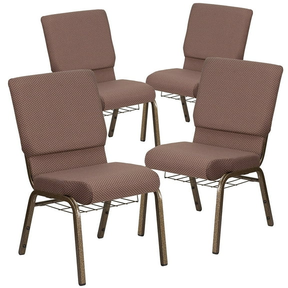 Flash Furniture 4 Pk. 18.5''W Church Chair in Brown Dot Fabric with Book Rack - Gold Vein Frame
