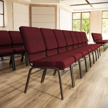 Flash Furniture 4 Pack 18.5''W Church Chair in Burgundy Patterned Fabric with Book Rack - Gold Vein Frame