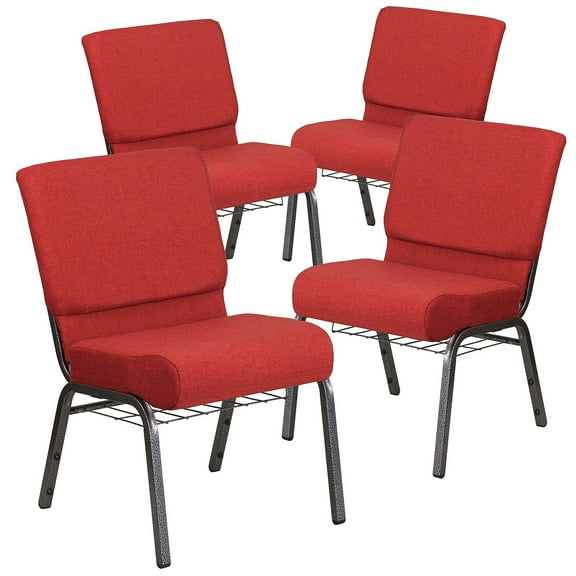 Flash Furniture 4 Pk. 21''W Church Chair in Crimson Fabric with Cup Book Rack - Silver Vein Frame