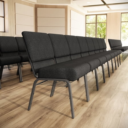 Flash Furniture 4 Pack 21''W Church Chair in Dark Gray Fabric with Book Rack - Silver Vein Frame