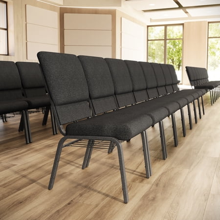 Flash Furniture 4 Pack 18.5''W Church Chair in Dark Gray Fabric with Book Rack - Silver Vein Frame
