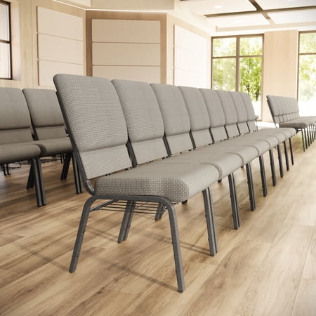 Flash Furniture 4 Pk. 18.5''W Church Chair in Gray Dot Fabric with Book Rack - Silver Vein Frame