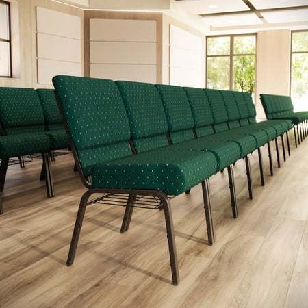 Flash Furniture 4 Pack 21''W Church Chair in Hunter Green Dot Patterned Fabric with Book Rack - Gold Vein Frame