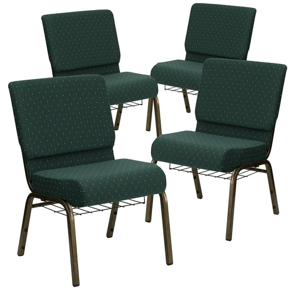 Flash Furniture 4 Pack 21''W Church Chair in Hunter Green Dot Patterned Fabric with Book Rack - Gold Vein Frame