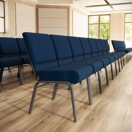 Flash Furniture 4 Pack 21''W Church Chair in Navy Blue Fabric with Cup Book Rack - Silver Vein Frame