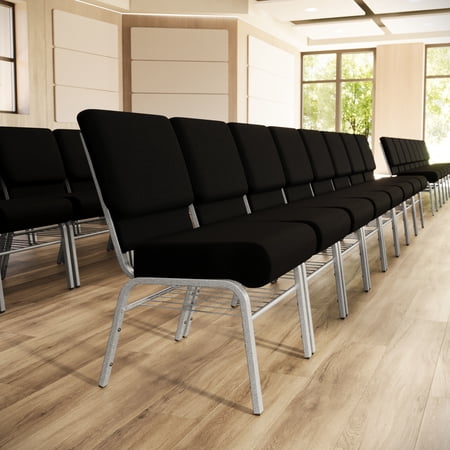 Flash Furniture 4 Pack 21''W Church Chair in Black Fabric with Book Rack - Silver Vein Frame