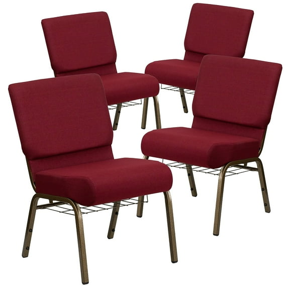 Flash Furniture 4 Pack 21''W Church Chair in Burgundy Fabric with Cup Book Rack - Gold Vein Frame