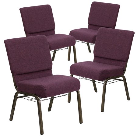 Flash Furniture HERCULES Series Fabric Church Stacking Chair with Book Rack Plum/Gold Vein Frame 4