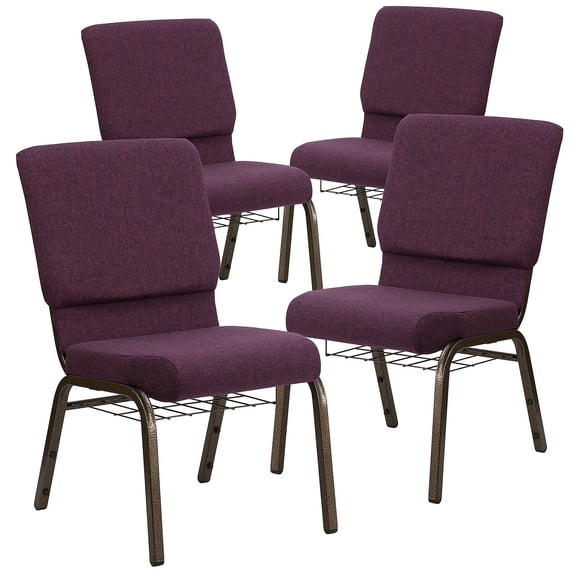Flash Furniture 4 Pack HERCULES Series 18.5''W Church Chair in Plum Fabric with Cup Book Rack - Gold Vein FrameNative AmericanNative