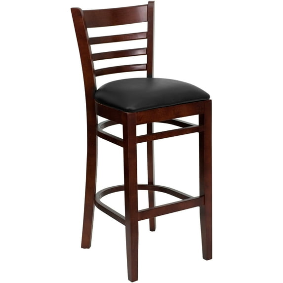 Flash Furniture HERCULES Series Ladder Back Mahogany Wood Restaurant Barstool - Black Vinyl Seat