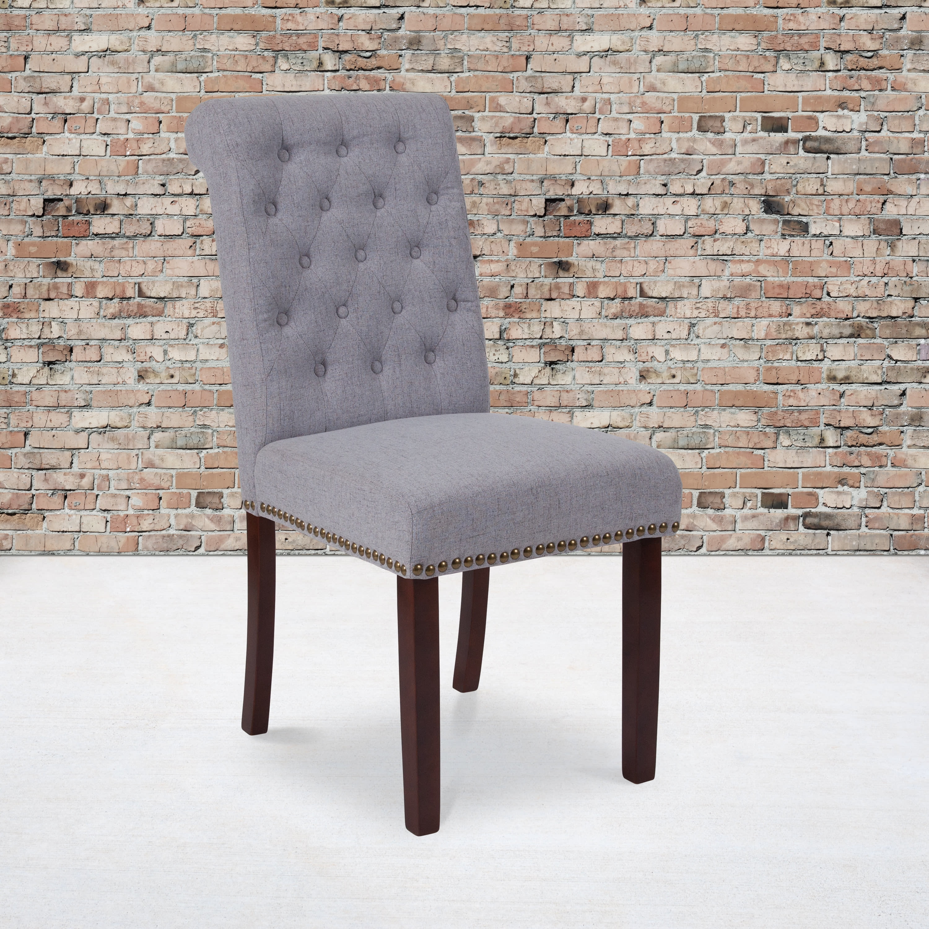 High-Back Parsons Side Chair in Light Gray Leather & Walnut Wood