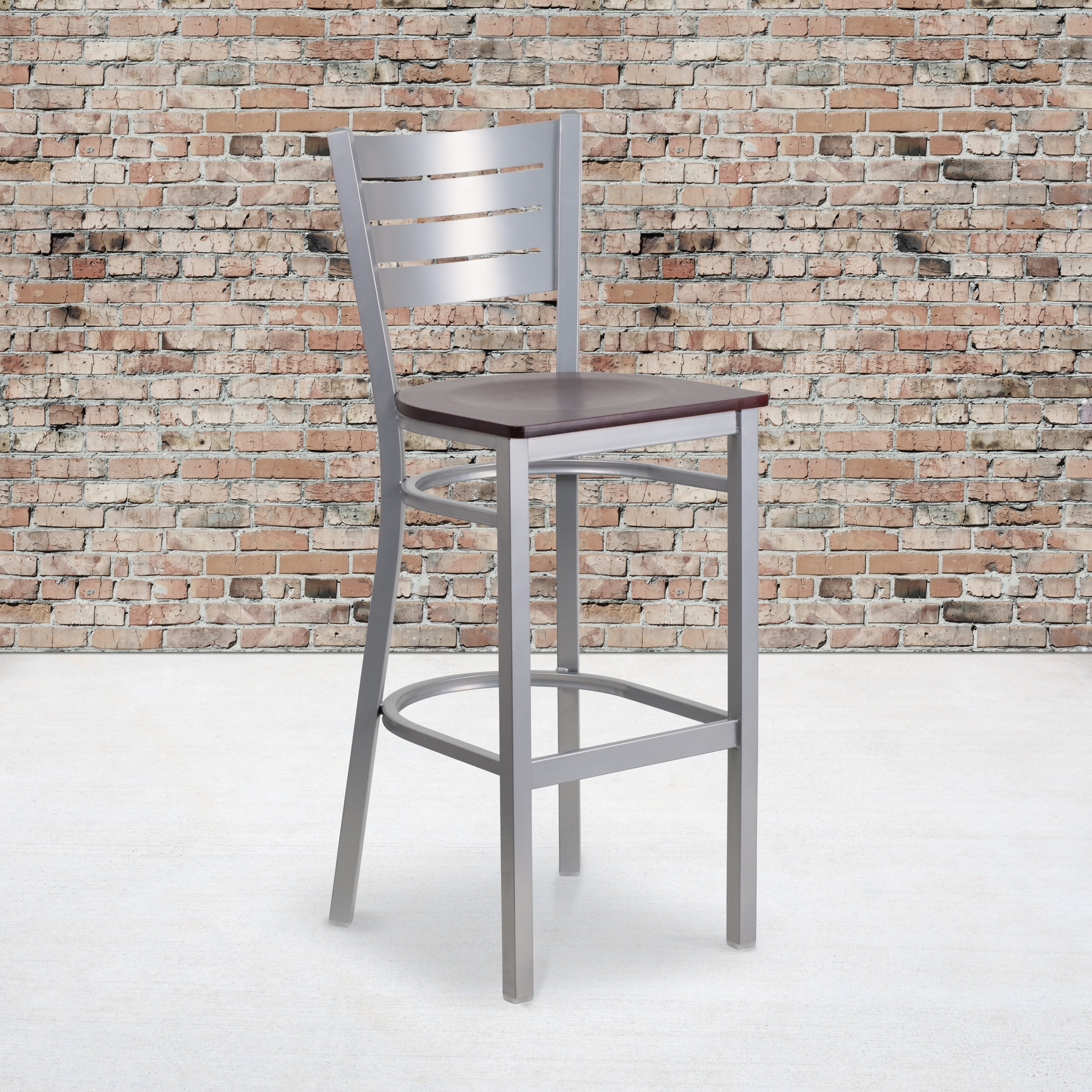 Sleek Silver Metal and Mahogany Wood Slat Back Barstool