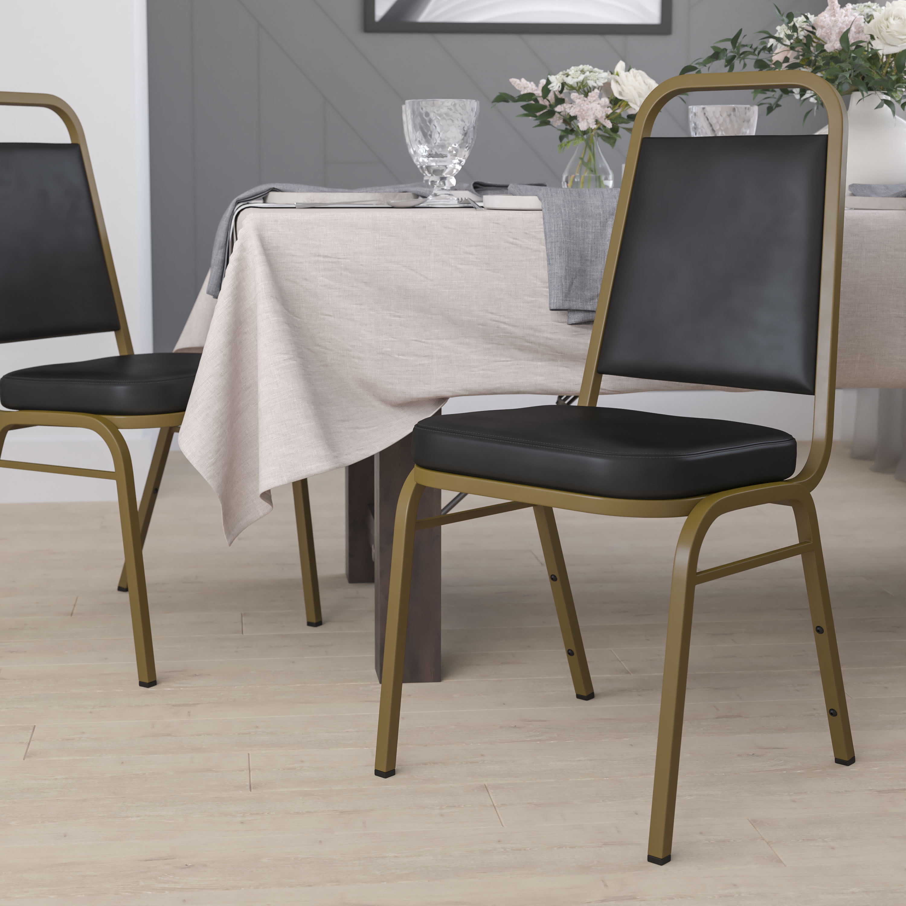 Black Vinyl and Gold Frame Stacking Banquet Chair
