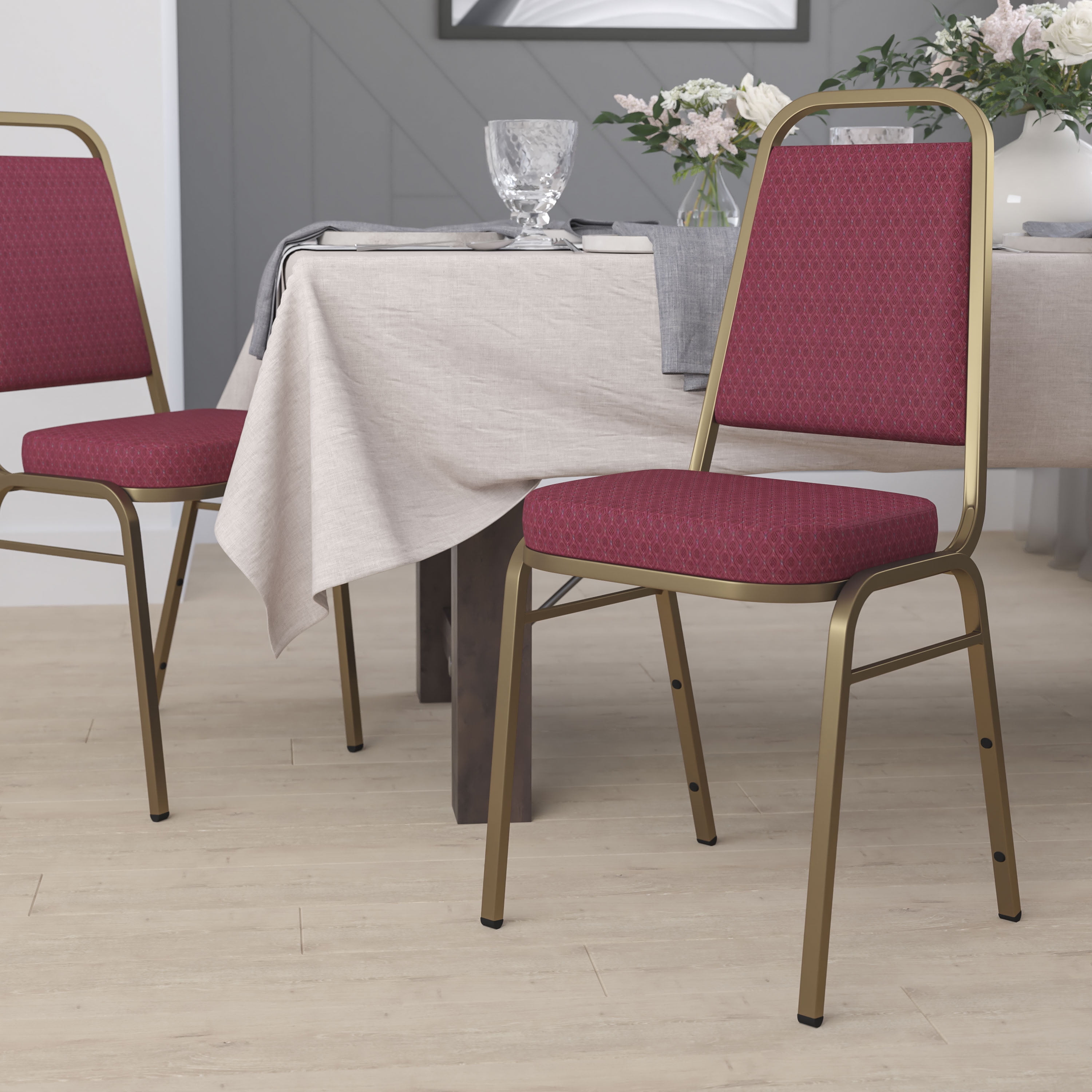 Burgundy Patterned Fabric Banquet Chair with Gold Frame