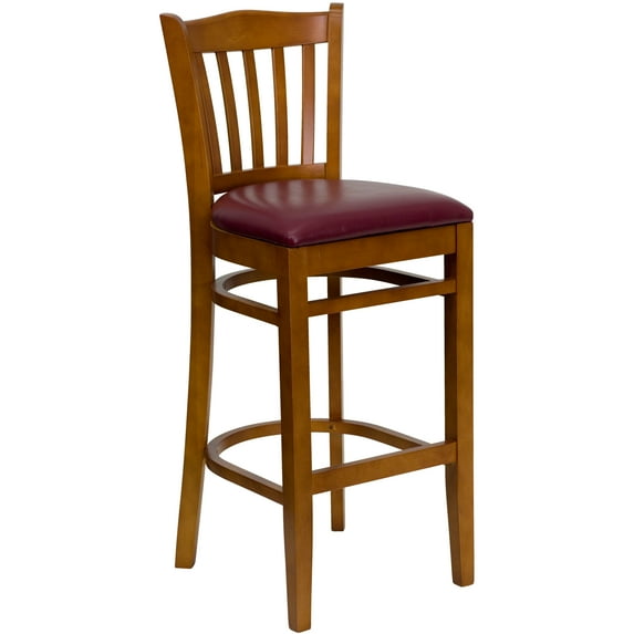 Flash Furniture HERCULES Series Vertical Slat Back Cherry Wood Restaurant Barstool - Burgundy Vinyl Seat