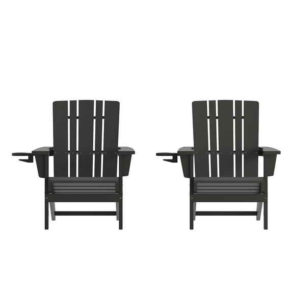 Flash Furniture Adirondack Chair with Cup Holder, Weather Resistant HDPE Adirondack Chair in Black, Set of 2