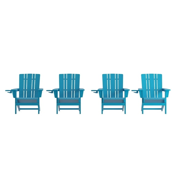 Flash Furniture Adirondack Chair with Cup Holder, Weather Resistant HDPE Adirondack Chair in Blue, Set of 4