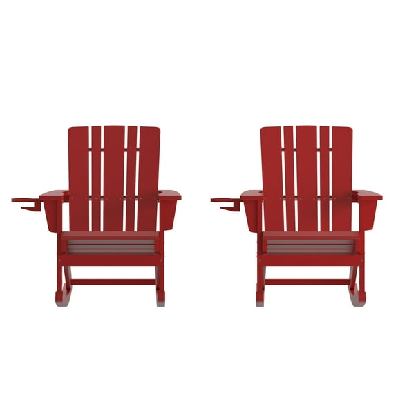 Flash Furniture Halifax Adirondack Rocking Chair with Cup Holder, Weather Resistant HDPE Adirondack Rocking Chair in Red, Set of 2