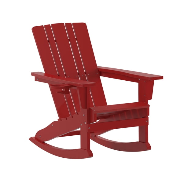 Flash Furniture Halifax Adirondack Rocking Chair with Cup Holder, Weather Resistant HDPE Adirondack Rocking Chair in Red