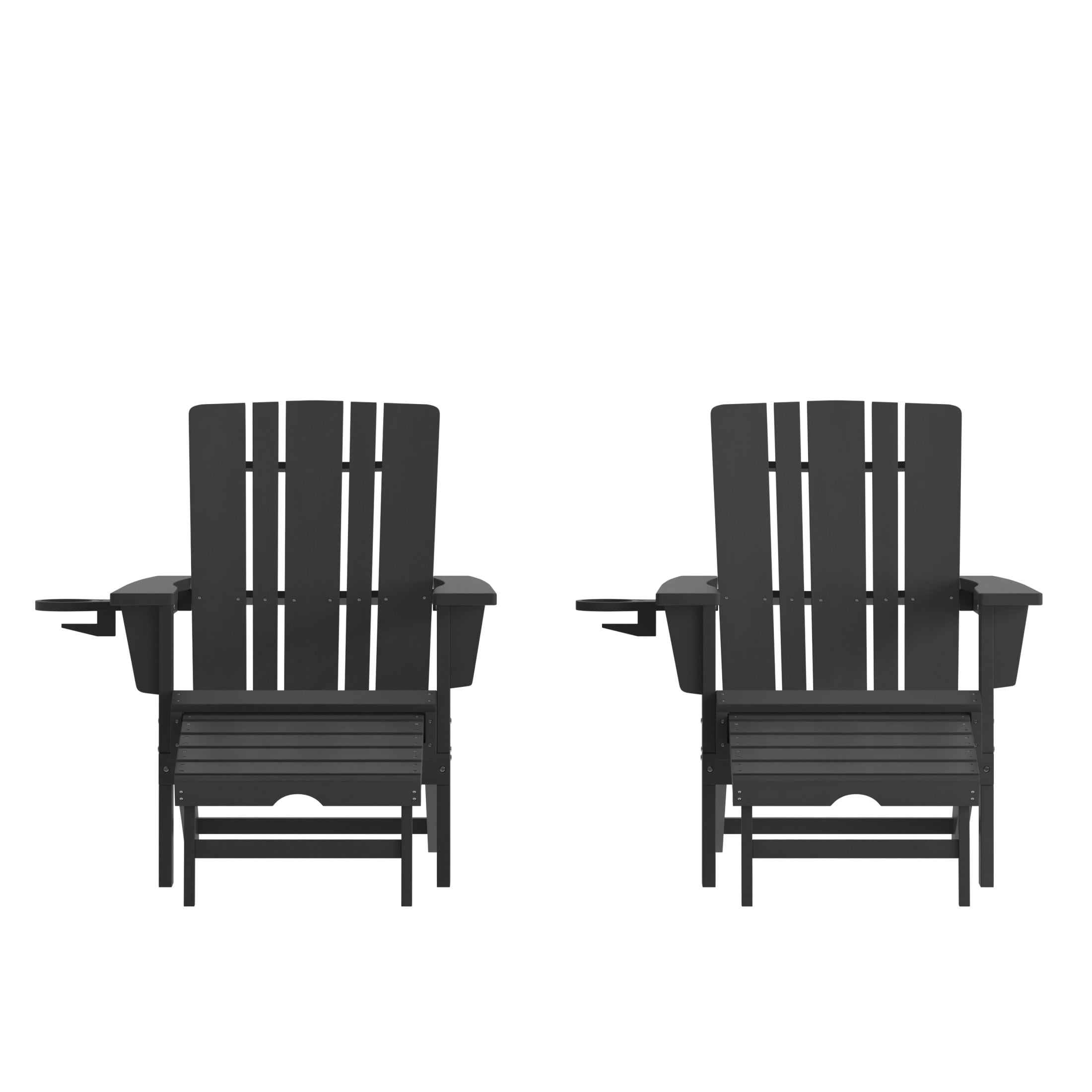 Flash Furniture Halifax HDPE Adirondack Chair with Cup Holder and Pull Out Ottoman, All-Weather HDPE Indoor/Outdoor Lounge Chair in Black, Set of 2