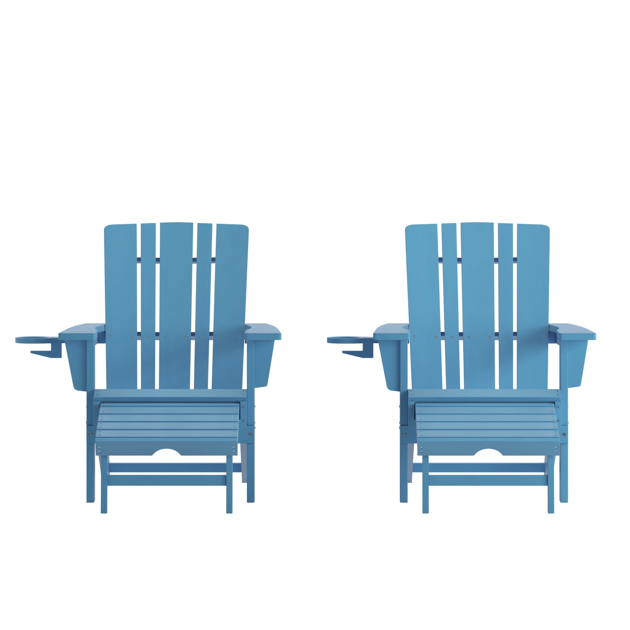 Flash Furniture Halifax HDPE Adirondack Chair with Cup Holder and Pull Out Ottoman, All-Weather HDPE Indoor/Outdoor Lounge Chair in Blue, Set of 2