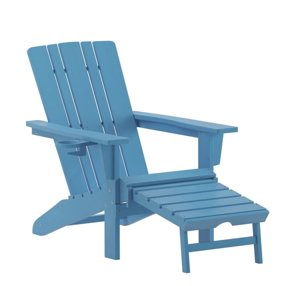 Flash Furniture Halifax HDPE Adirondack Chair with Cup Holder and Pull Out Ottoman, All-Weather HDPE Indoor/Outdoor Lounge Chair in Blue