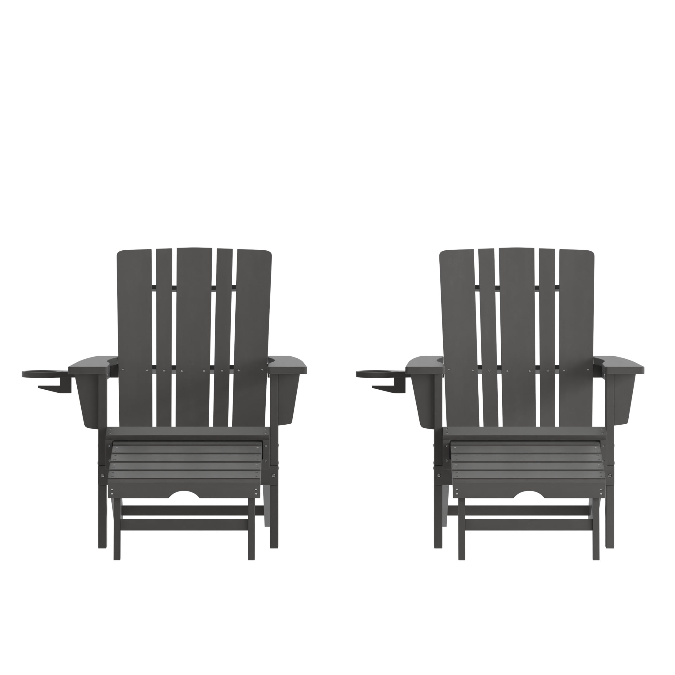 Flash Furniture Halifax HDPE Adirondack Chair with Cup Holder and Pull Out Ottoman, All-Weather HDPE Indoor/Outdoor Lounge Chair in Gray, Set of 2