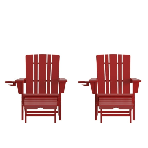 Flash Furniture Halifax HDPE Adirondack Chair with Cup Holder and Pull Out Ottoman, All-Weather HDPE Indoor/Outdoor Lounge Chair in Red, Set of 2