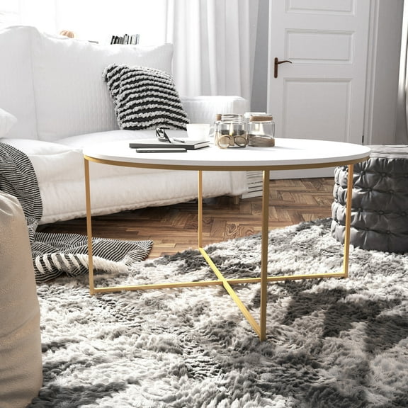 Flash Furniture Hampstead Collection Coffee Table - Modern White Finish Accent Table with Crisscross Brushed Gold Frame