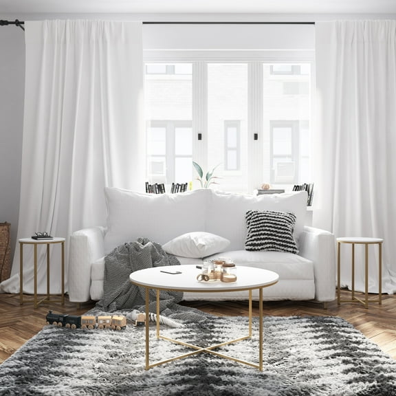 Flash Furniture Hampstead Collection Coffee and End Table Set - White Laminate Top with Brushed Gold Crisscross Frame, 3 Piece Occasional Table Set