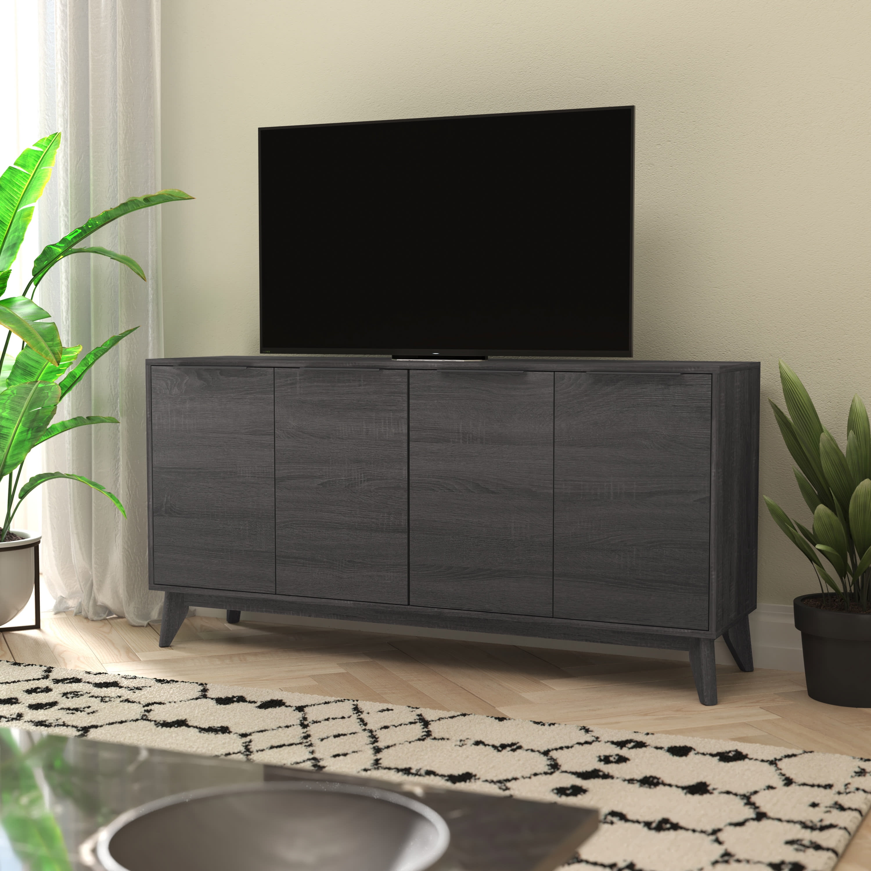 Hatfield Black Wash 60" Mid-Century Modern Buffet Cabinet with Adjustable Shelves