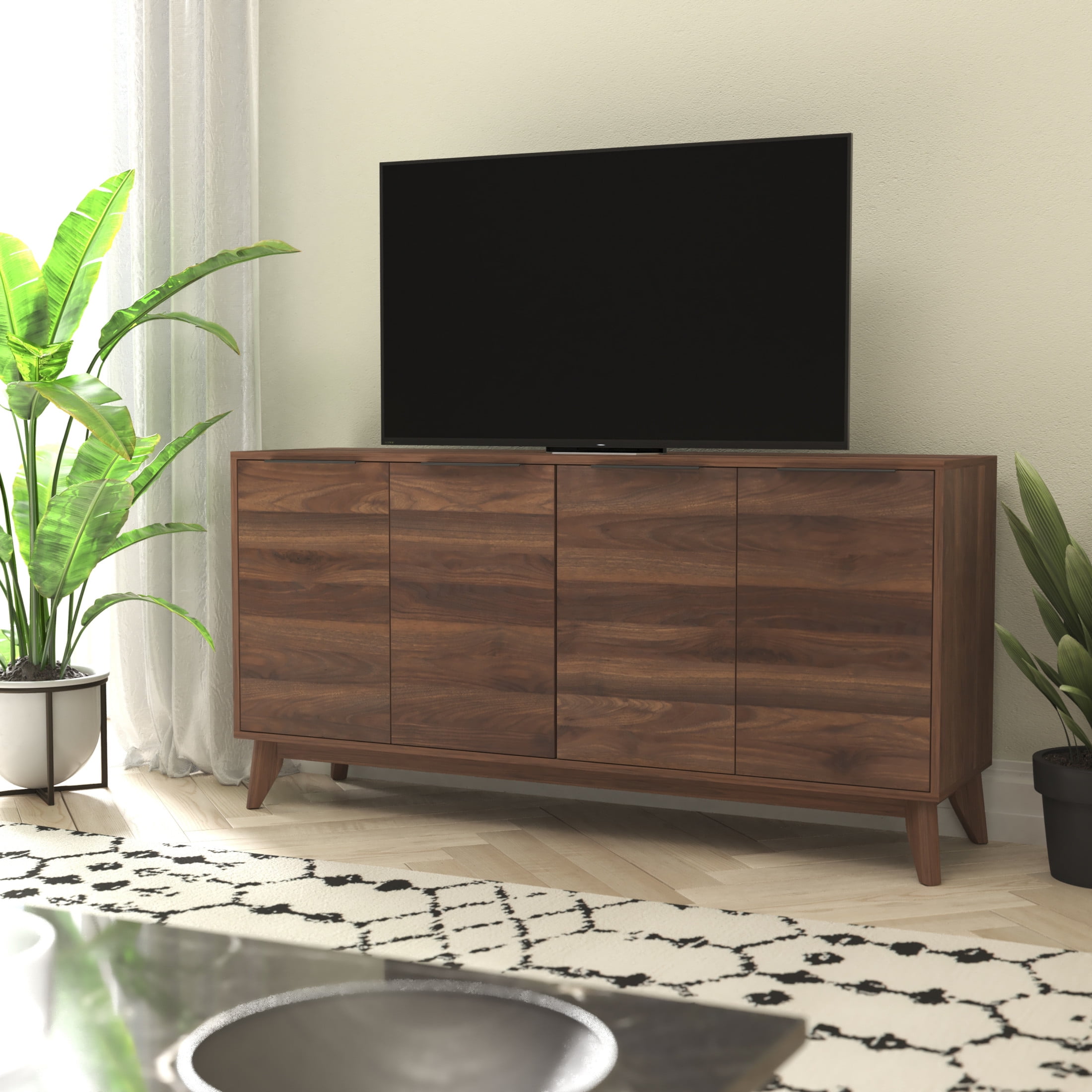Hatfield Dark Walnut Mid-Century Modern 4-Door TV Stand with Adjustable Shelves