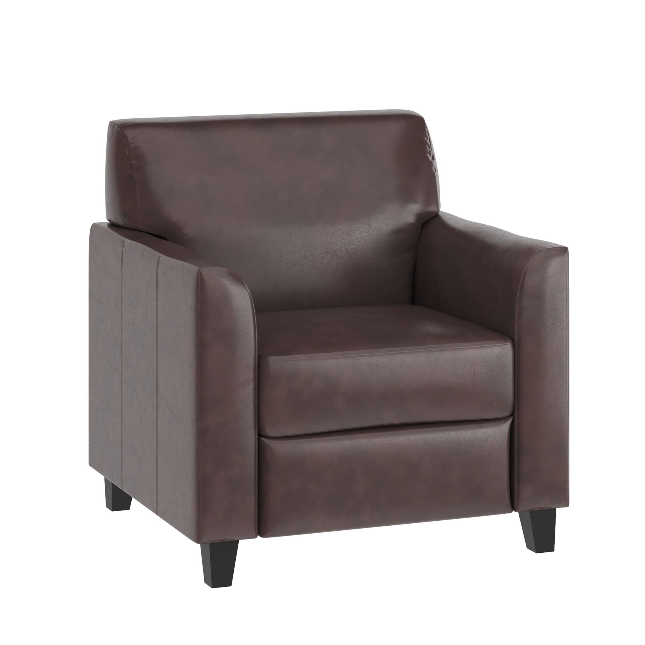 Elegant Brown LeatherSoft Fixed-Arm Chair with Wooden Frame