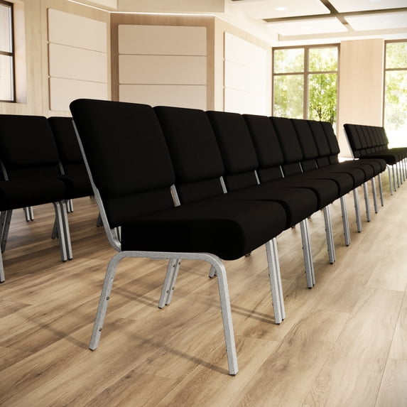 Flash Furniture 4 Pack 21''W Stacking Church Chair in Black Fabric - Silver Vein Frame