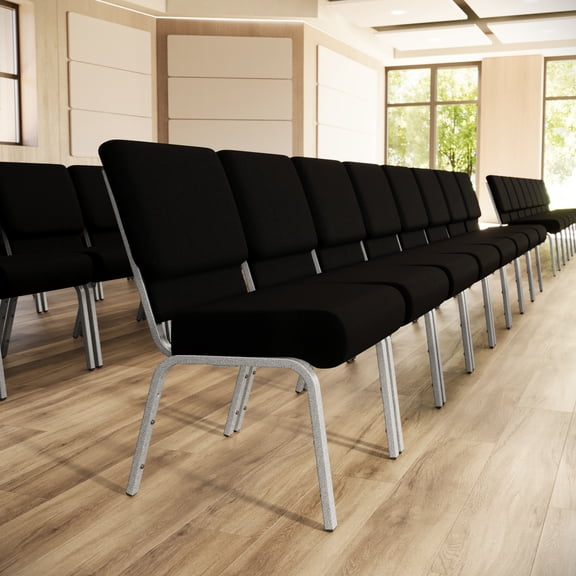 Flash Furniture 4 Pack 21''W Stacking Church Chair in Black Fabric - Silver Vein Frame